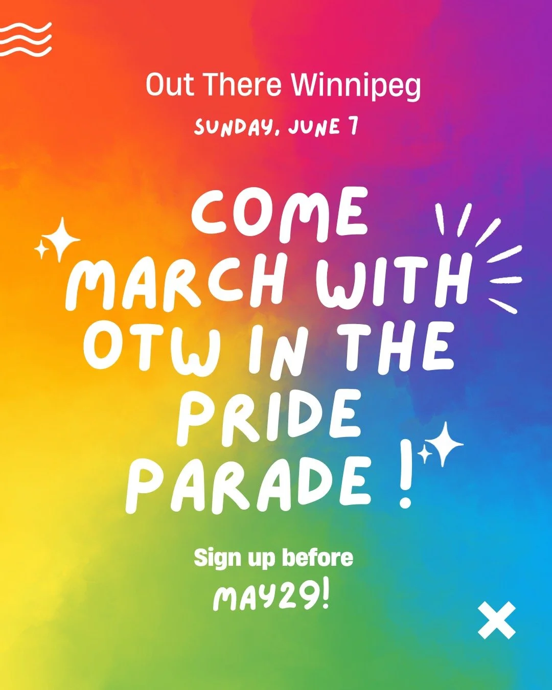Come March With Us in the Pride Parade!
⠀
On Sunday, June 7th, Out There Winnipeg will be marching in this year's Pride Parade alongside our friends from Sport Manitoba, and we want YOU to join us!
⠀
PARADE ROUTE: We'll meet at Memorial Park (just of
