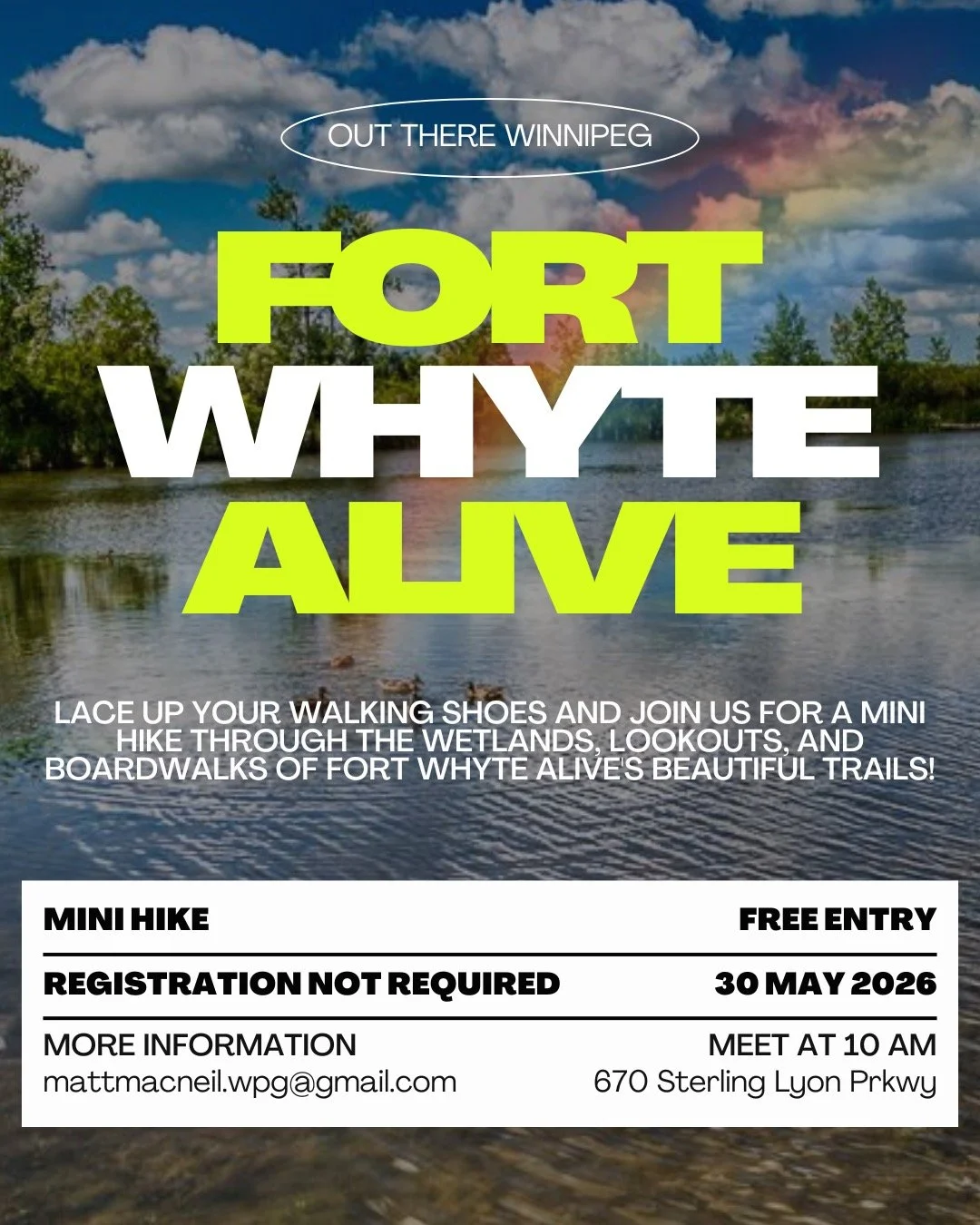 🌿✨ Mini Hike at Fort Whyte Alive! ✨🌿
Lace up your walking shoes and join Out There Winnipeg for a mini hike through the wetlands, lookouts, and boardwalks of Fort Whyte Alive! 🥾🦆

📅 When: Saturday, May 30, 2026
⏰ Meet: 10:00 AM (heading out befo