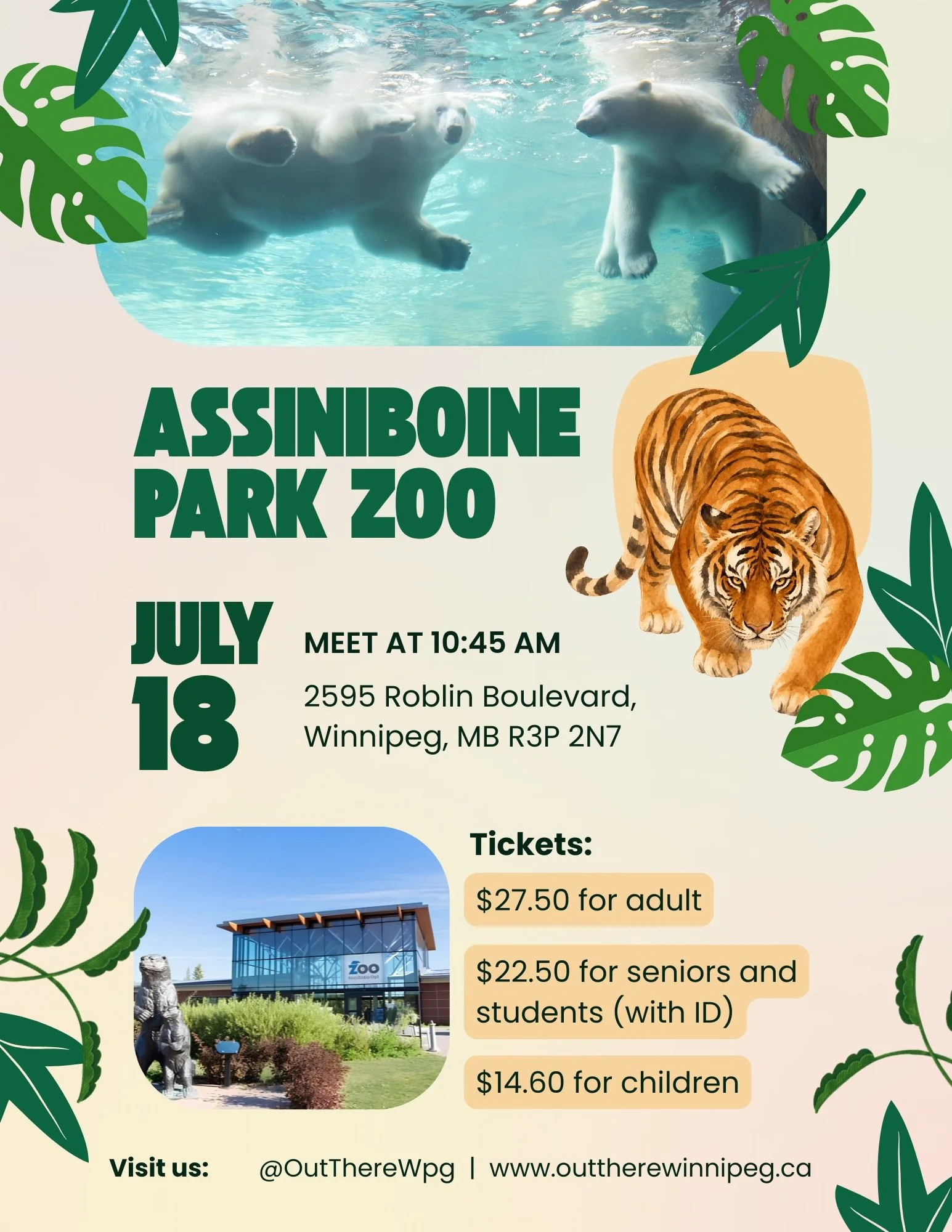🦁 ZOO DAY WITH OUT THERE! 🐻
⠀
Join us Saturday, July 18th for a full day outside at the Assiniboine Park Zoo! The Churchill exhibit is just the tip of the iceberg 🧊no matter what your spirit animal is, there's something here to marvel at. 🦒🐧🐯
⠀