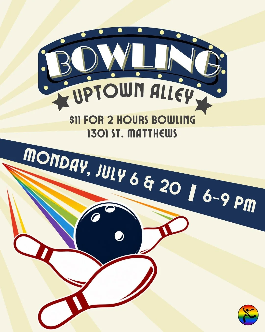 🎳 JULY BOWLING WITH OUT THERE! 🎳
⠀
Lace up those bowling shoes. We've got TWO nights on the lanes this month! 🌈
⠀
🗓️ DATES
Monday, July 6th
Monday, July 20th
⠀
🕕 TIME
6PM &ndash; 9PM
⠀
📍 LOCATION
Uptown Alley (1301 St. Matthews)
⠀
💵 COST
$11 f
