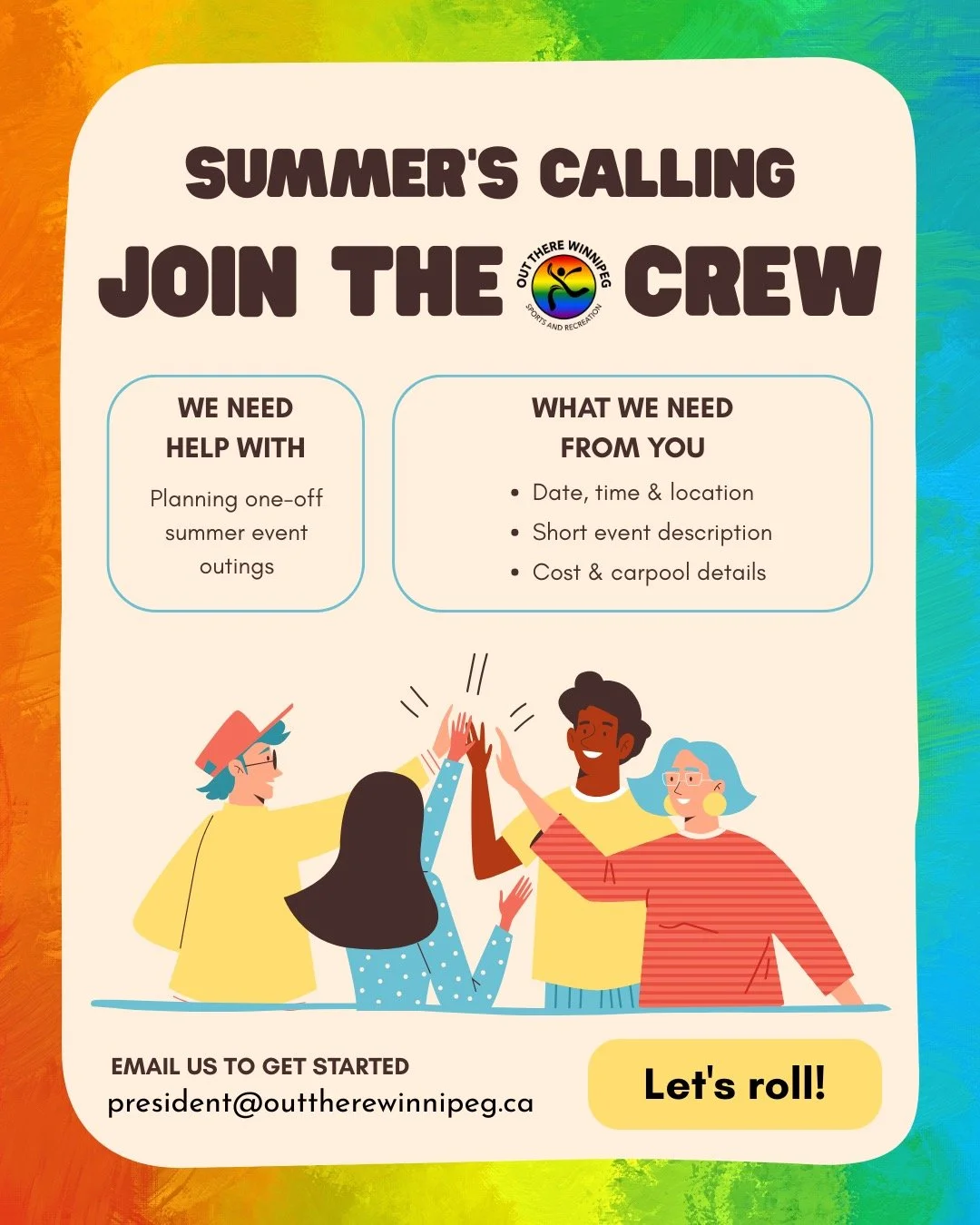 ☀️ SUMMER'S CALLING &mdash; JOIN THE CREW! 🌈
⠀
Looking for something new? Us too! 👀
⠀
Summer in Manitoba is full of unique adventures and activities, but many of these great experiences don't fall under the banner of our existing groups. That's whe