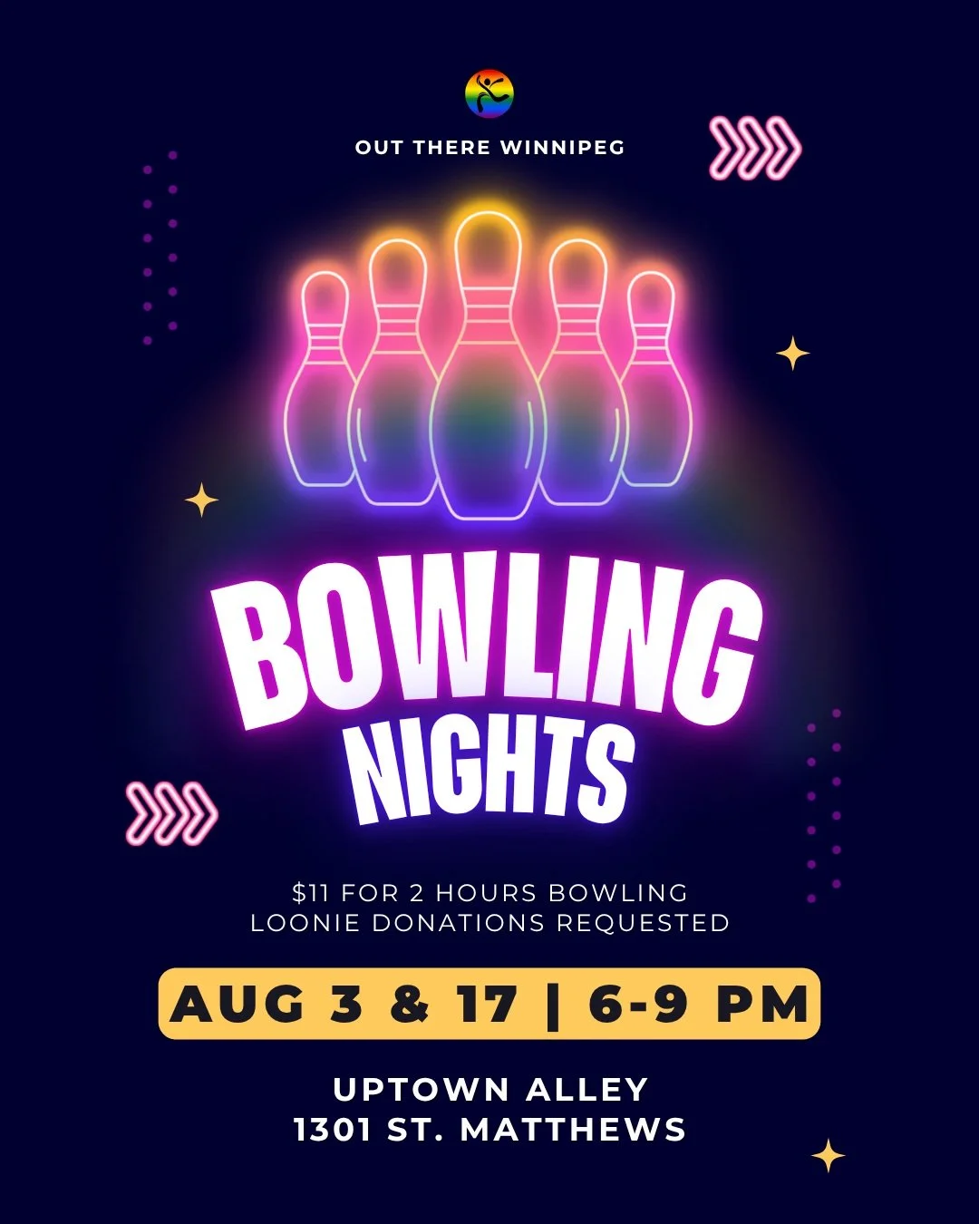 🎳 August Bowling Nights are back! 🌈

Looking for a fun, low-pressure way to meet new people this summer? Join Out There Winnipeg for an evening of bowling, conversation, and community!

📅 Dates:
🎳 Monday, August 3 (Terry Fox Day)
🕕 6:00&ndash;9: