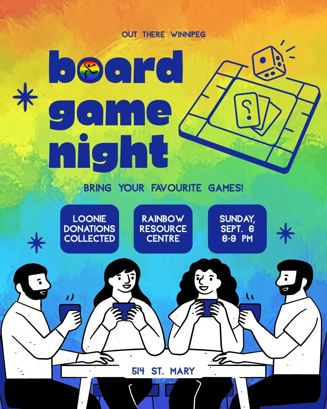 🎲🌈 BOARD GAME NIGHT!

Join Out There Winnipeg for an evening of games, good company, and community!

📅 Sunday, September 6
🕕 6:00&ndash;9:00 PM
📍 Rainbow Resource Centre
514 St. Mary
⠀
Bring your favourite board, card games, or come ready to joi