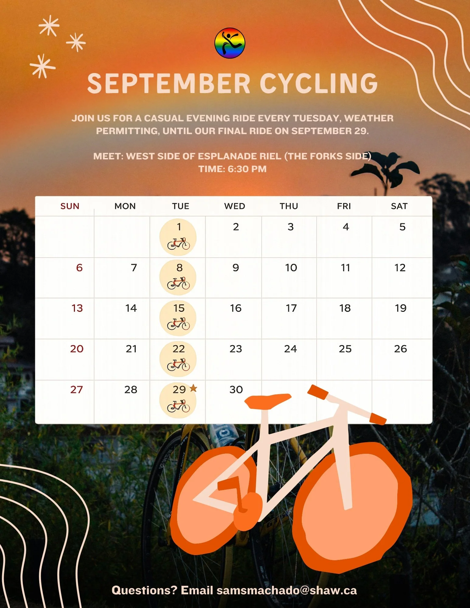 🍂🚲 FALL CYCLING 🌈
⠀
Make the most of September evenings with a casual ride through Winnipeg!
⠀
Join us every Tuesday at 6:30 PM, weather permitting, with our final ride of the season on September 29.
⠀
📍 MEETING: West side of Esplanade Riel (The 