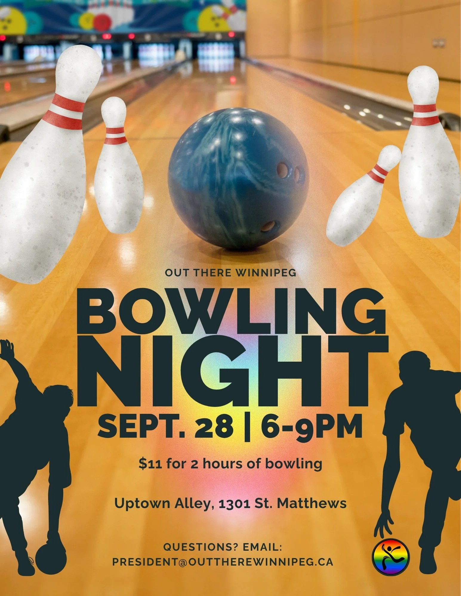 🎳🌈 BOWLING NIGHT!

Join us for an evening of bowling, fun, and community at Uptown Alley!

📅 Monday, September 28
🕕 6:00&ndash;9:00 PM
📍 Uptown Alley
1301 St. Matthews
⠀
🎳 $11 for 2 hours of bowling
💰 Loonie donations requested
⠀
Questions? Co