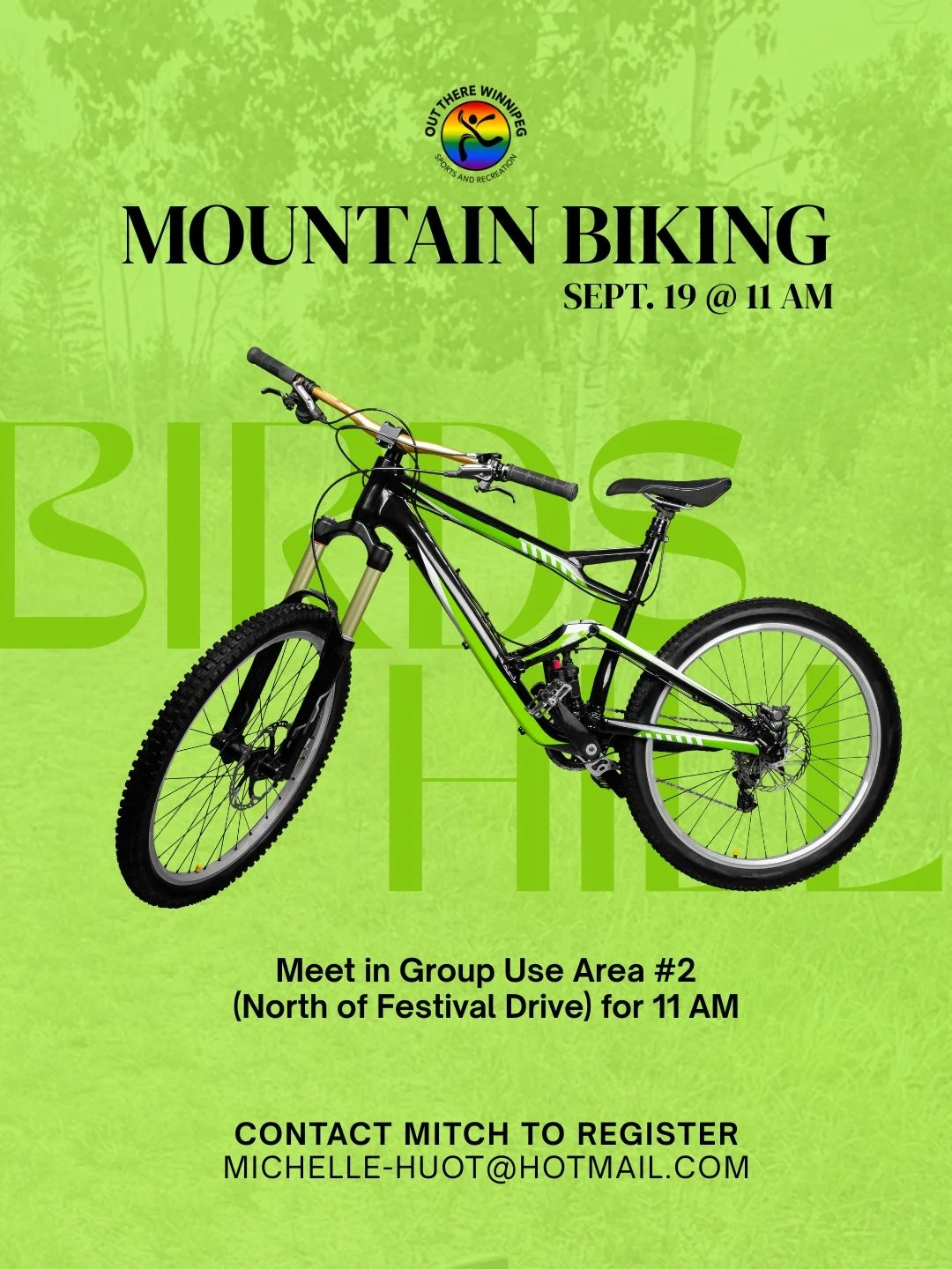 🚵🌈 BIRDS HILL MOUNTAIN BIKING!

Looking for something a little more rugged? Join Out There Winnipeg for a beginner-friendly mountain biking adventure at Birds Hill!
⠀
📅 Saturday, September 19
🕚 11:00 AM
📍 Group Use Area #2
North of Festival Driv
