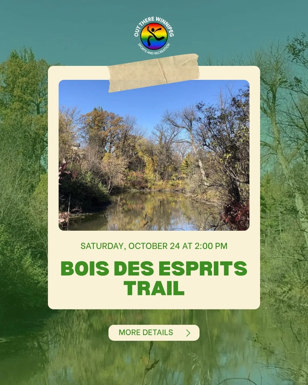 🍂 BOIS DES ESPRITS WALK 🌈

Grab a sweater and join Out There Winnipeg for a leisurely fall walk through Bois des Esprits!

📅 Saturday, October 24
⏰ Meet at 1:45 PM
🚶 Walk begins at 2:00 PM

📍 Meeting point:
Royalwood Bridge
East side of St. Anne