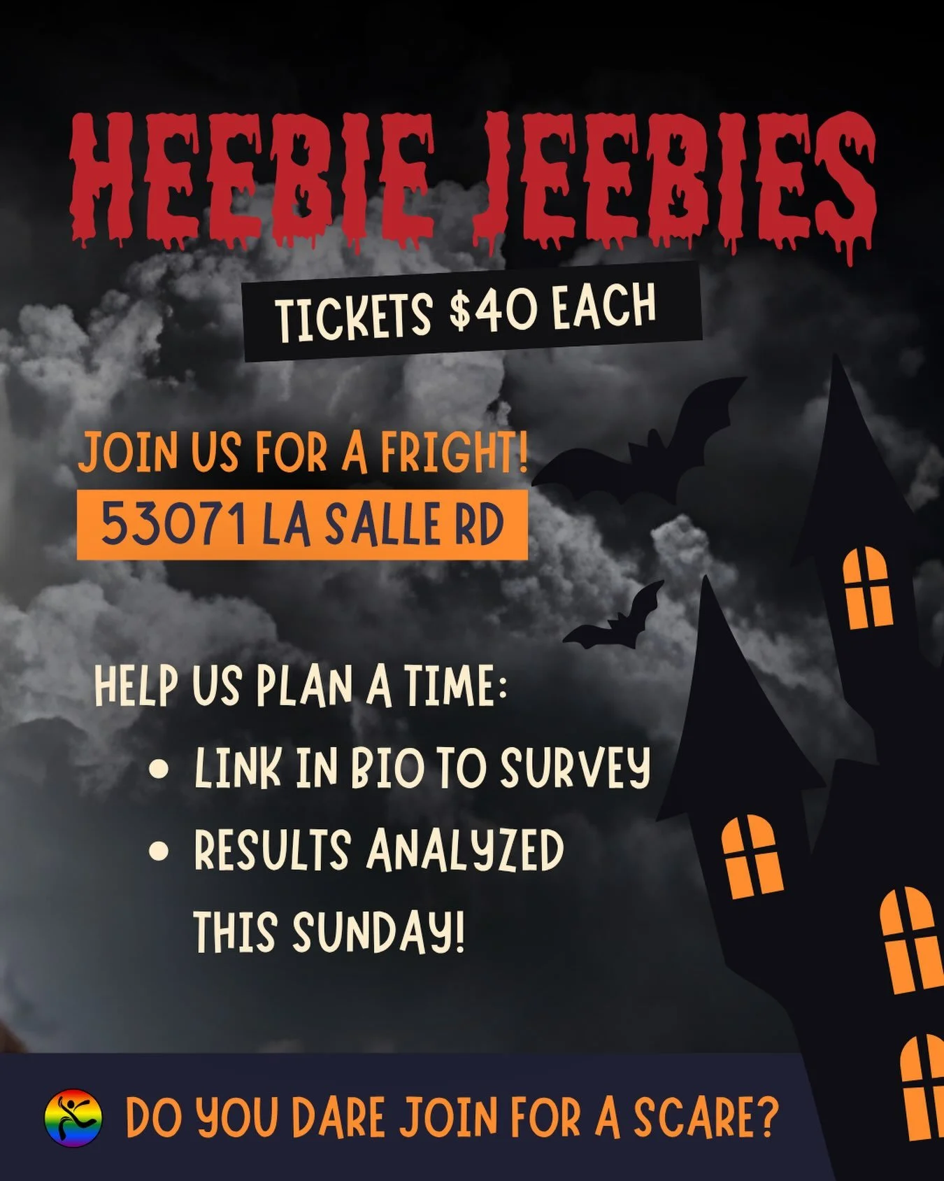 👻 DO YOU DARE JOIN US FOR A SCARE? 🎃

Join Out There Winnipeg for a night of frights at Heebie Jeebies!

Whether you want to scream, laugh, or do a little of both, come out for a spooky night and a unique chance to connect with the community.

📍 H