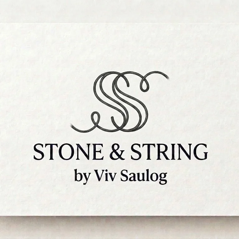Logo with intertwined initials SS above the text "Stone & String by Viv Saulog."