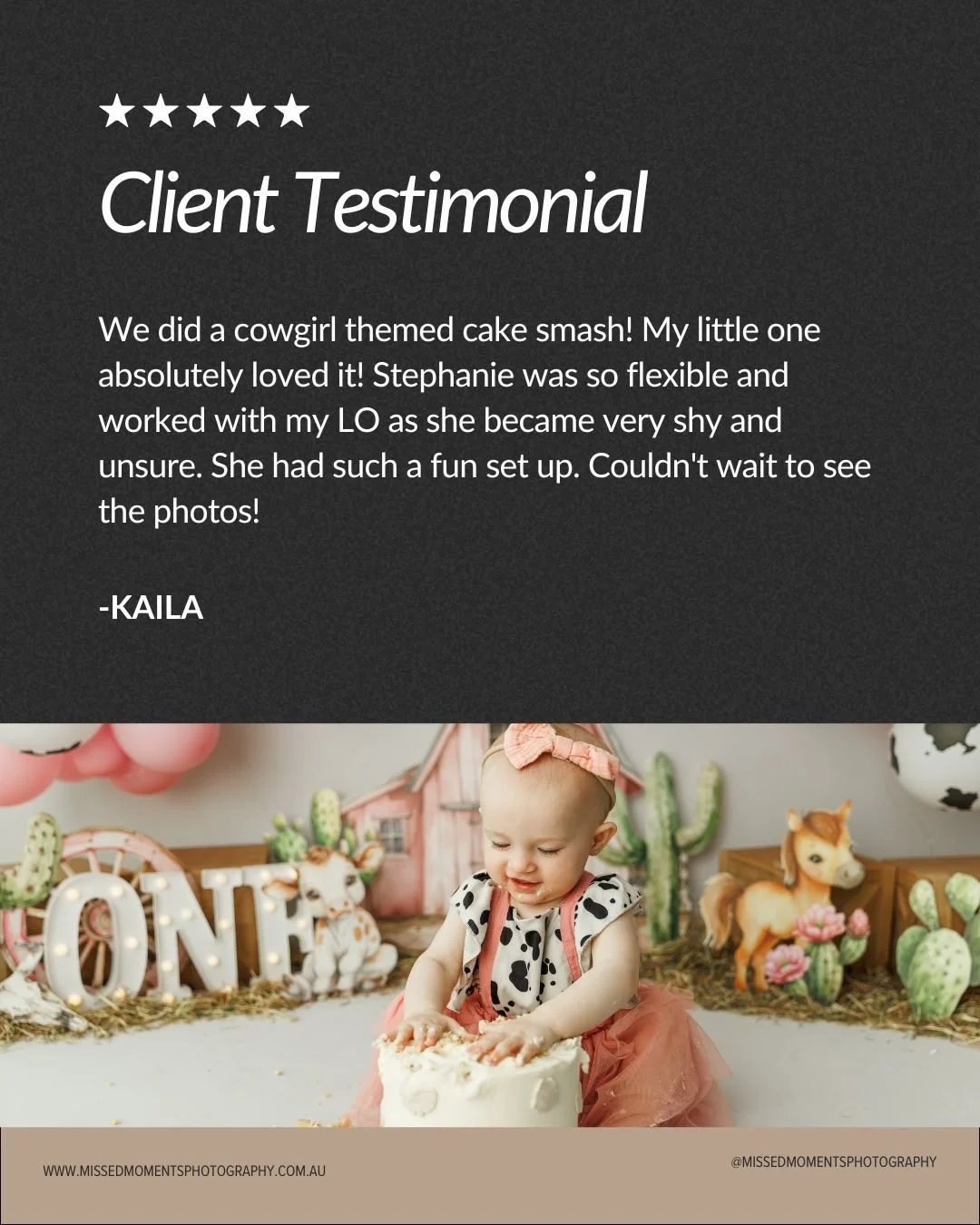 🤍 A sweet note from Kaila after her little one&rsquo;s cowgirl-themed cake smash:

&quot;We did a cowgirl themed cake smash! My little one absolutely loved it! Stephanie was so flexible and worked with my LO as she became very shy and unsure. She ha