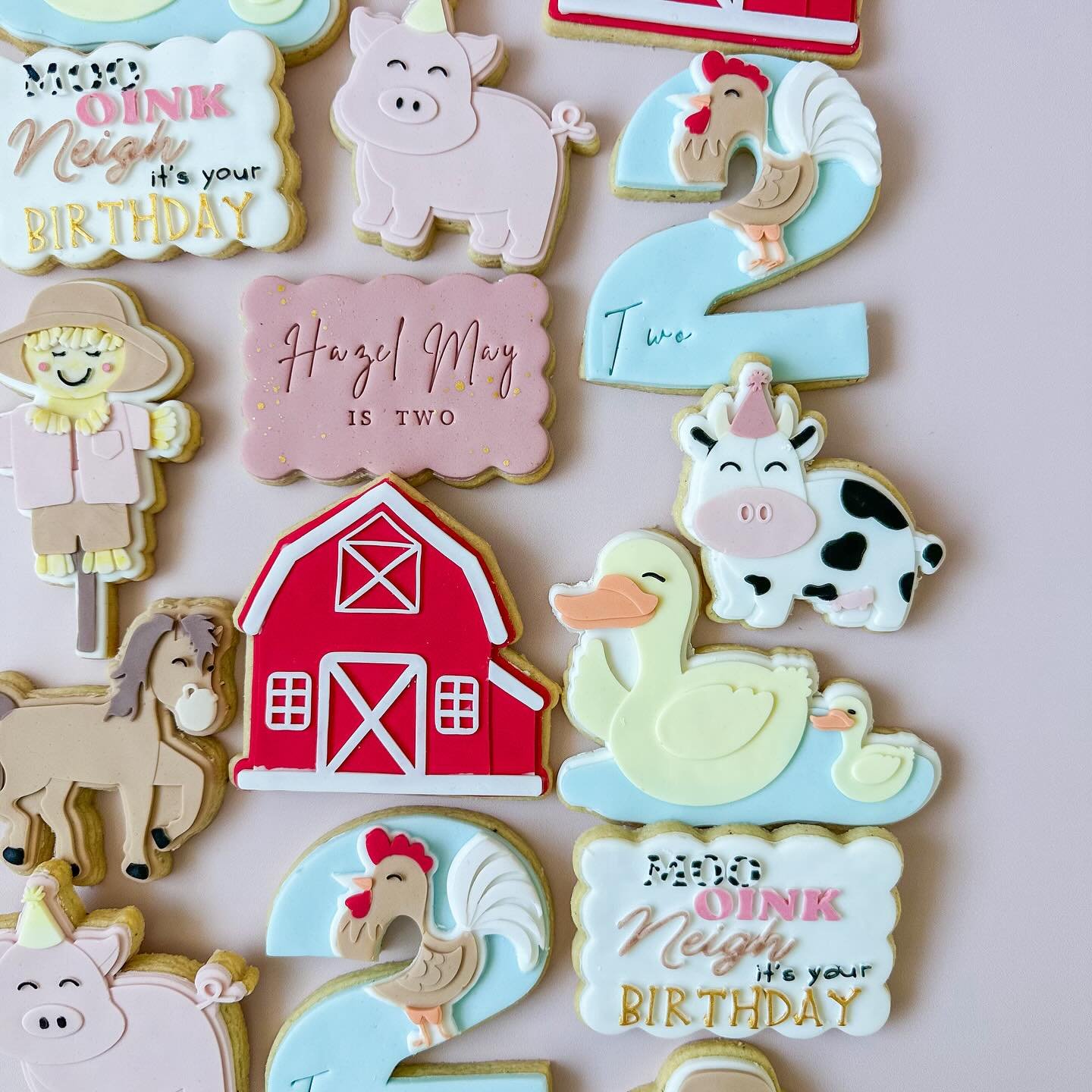 Moo 🐮 Oink 🐷 Neigh 🐴 It&rsquo;s your birthday 🎂 

All new farm stamps from @berry3dcreativeco 
Wavy rectangle @sweetsavannadesigns 
.
.
.
.
.
#NICSbics #fondantsugarcookies #nqcookies #personalisedcookies #cookiestownsville  #sugarcookies #custom