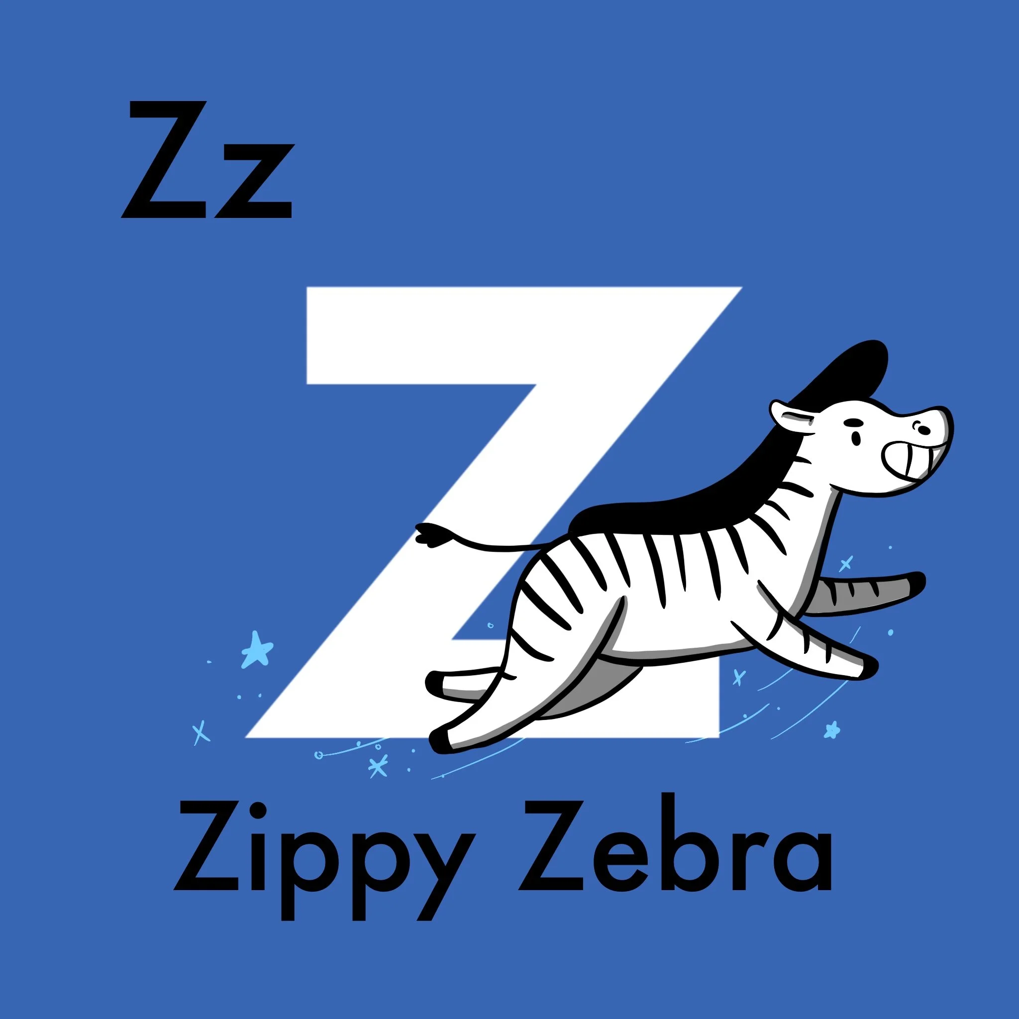 Zippy Zebra is a zesty and zippy zebra with zigzag stripes, zooming through the zoo! Zippy Zebra zips through the zigzagging paths, zipping around. Zippy is the fastest zebra in the world!