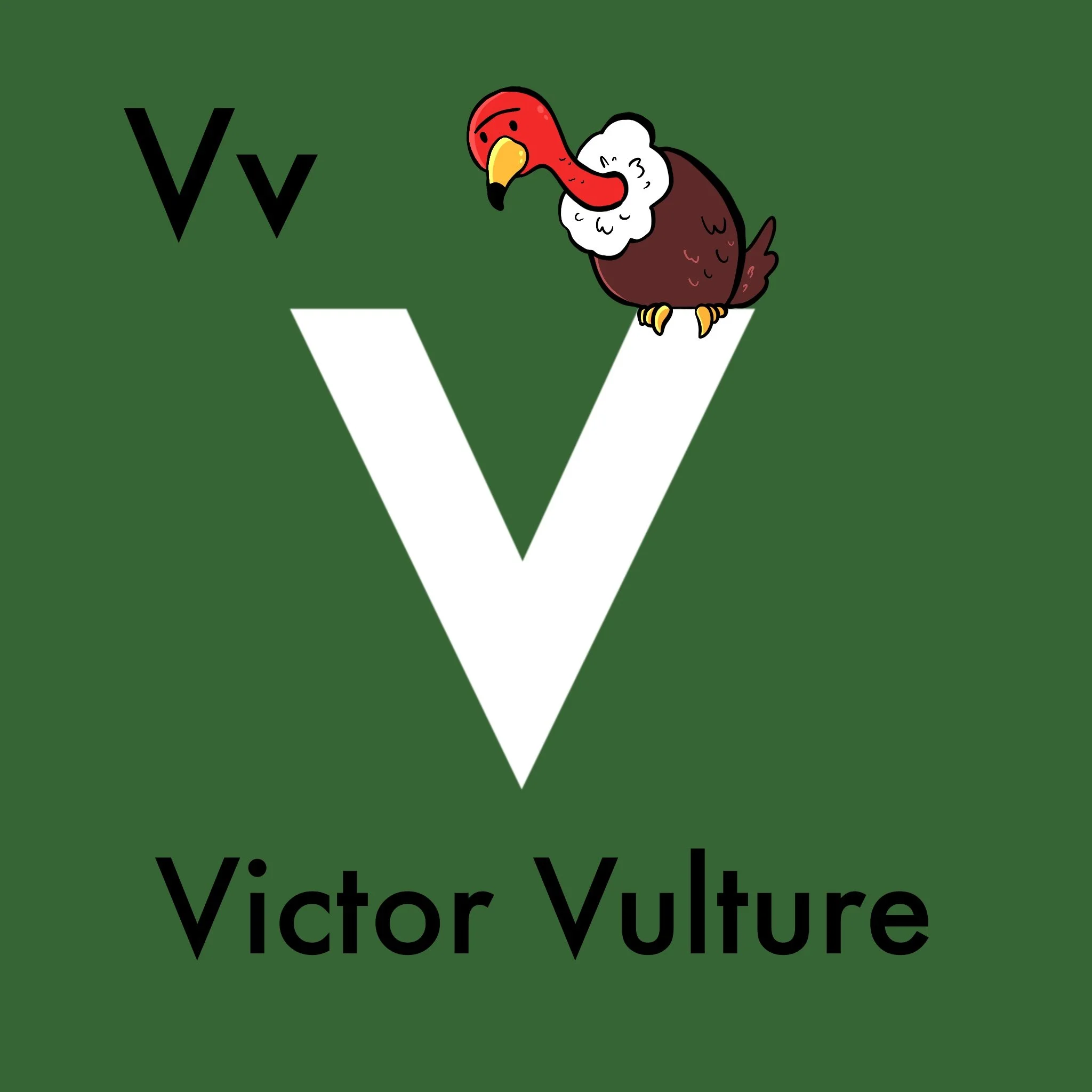 Victor Vulture is a vibrant vulture soaring high in the vast skies! With his vivid wings, Victor ventures across valleys. His velvety feathers make him a visually striking visitor in the vibrant world. 