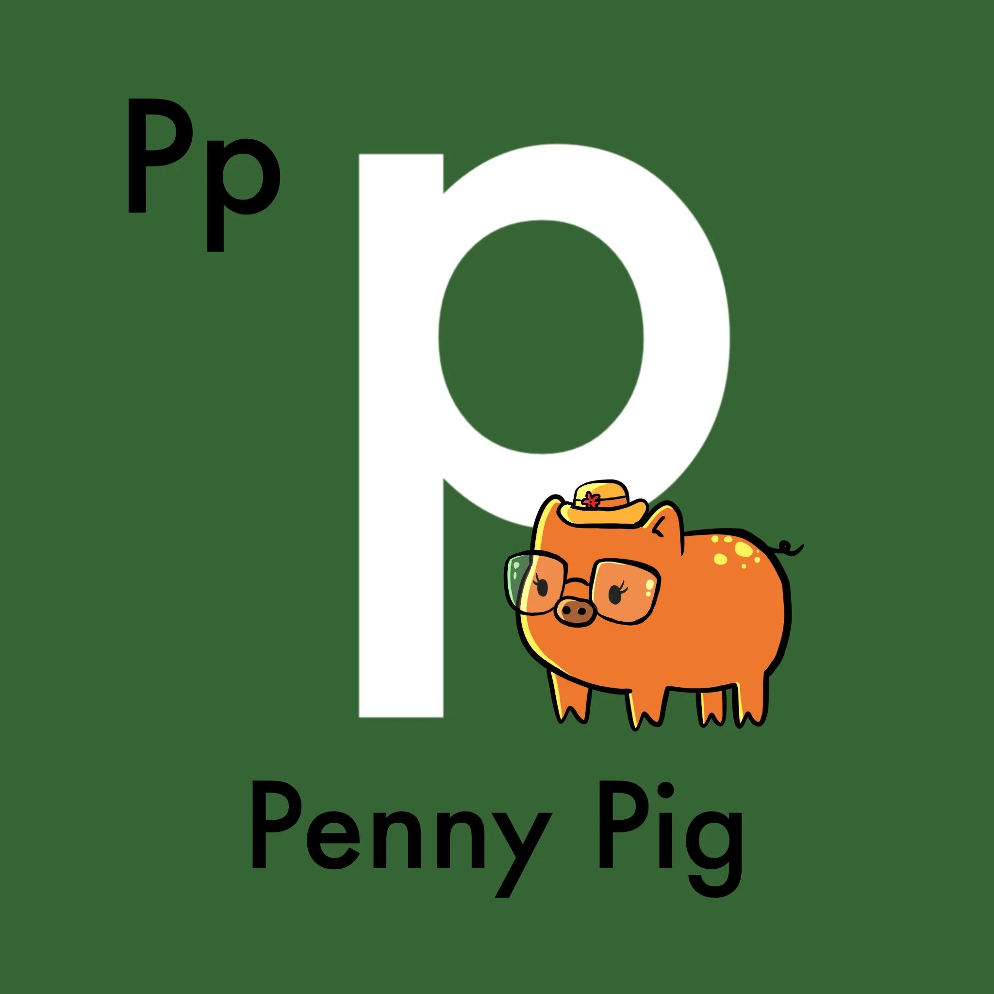 Presenting Penny Pig, the perky and playful pig with a passion for all things pretty and pleasing! Penny prances around the peaceful pigpen, spreading joy. Penny loves to munch on plump pumpkins and play pretend pirate in the patch.