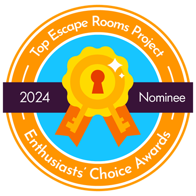 A badge with the text "Top Escape Rooms Project Enthusiasts' Choice Awards." It features a gold ribbon with a keyhole and two gold keys, and ribbons indicating the year 2024 and that the room is a nominee.