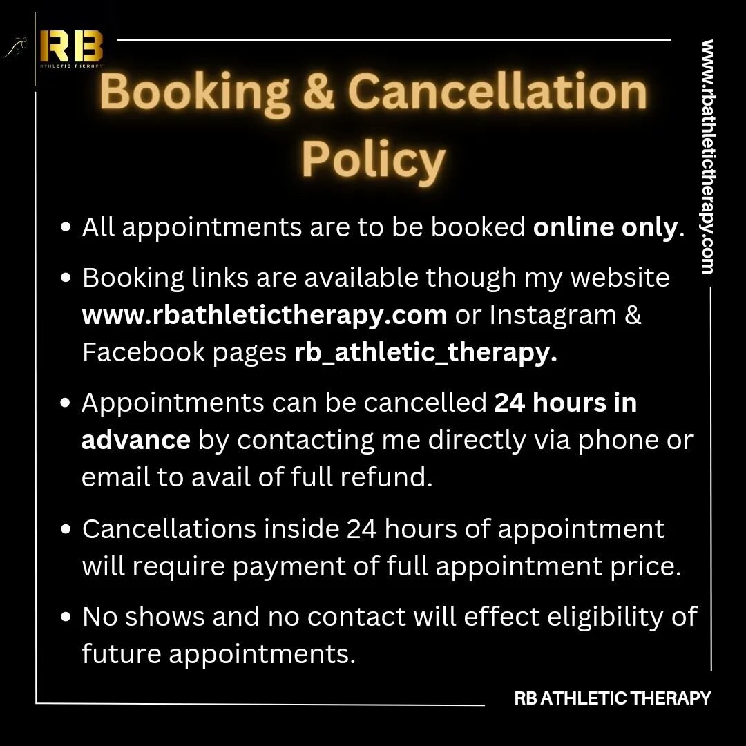 BOOKING &amp; CANCELLATION POLICY

If you are unsure of what appointment to book, or would like more information regarding appointments, please see www.rbathletictherapy.com or feel free to DM me.