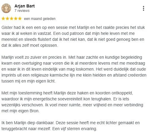 Een tekstrecensie over een sessie met Marlijn, waarin de auteur haar zachtaardigheid, begeleiding en positieve invloed op haar leven beschrijft.
