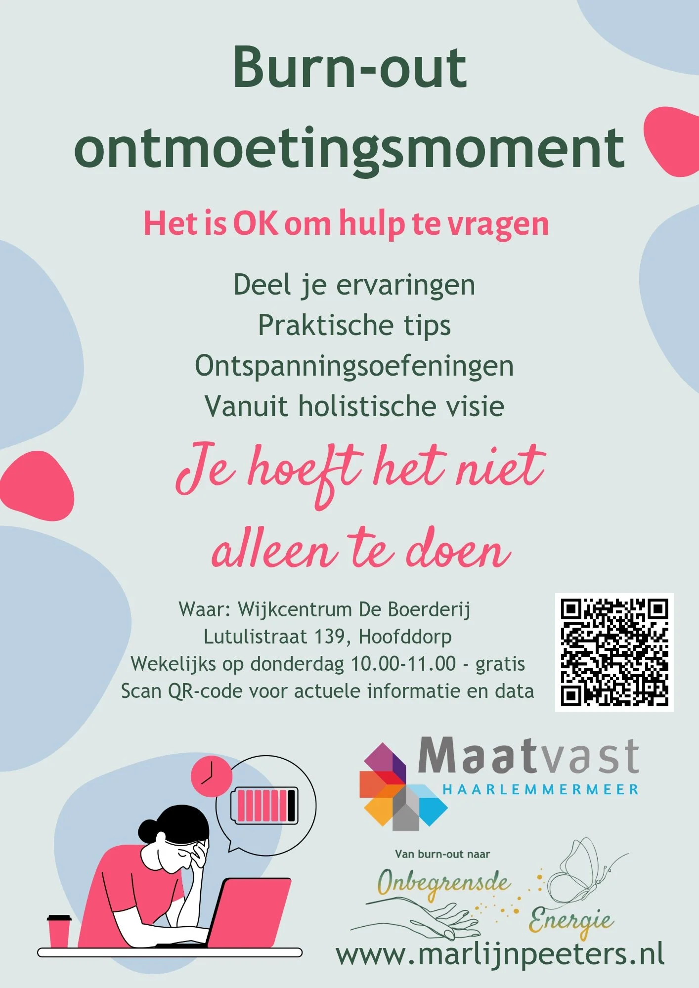 Flyer voor gratis burn-out ontmoetingsmoment en spreekuur vanuit een holistische visie