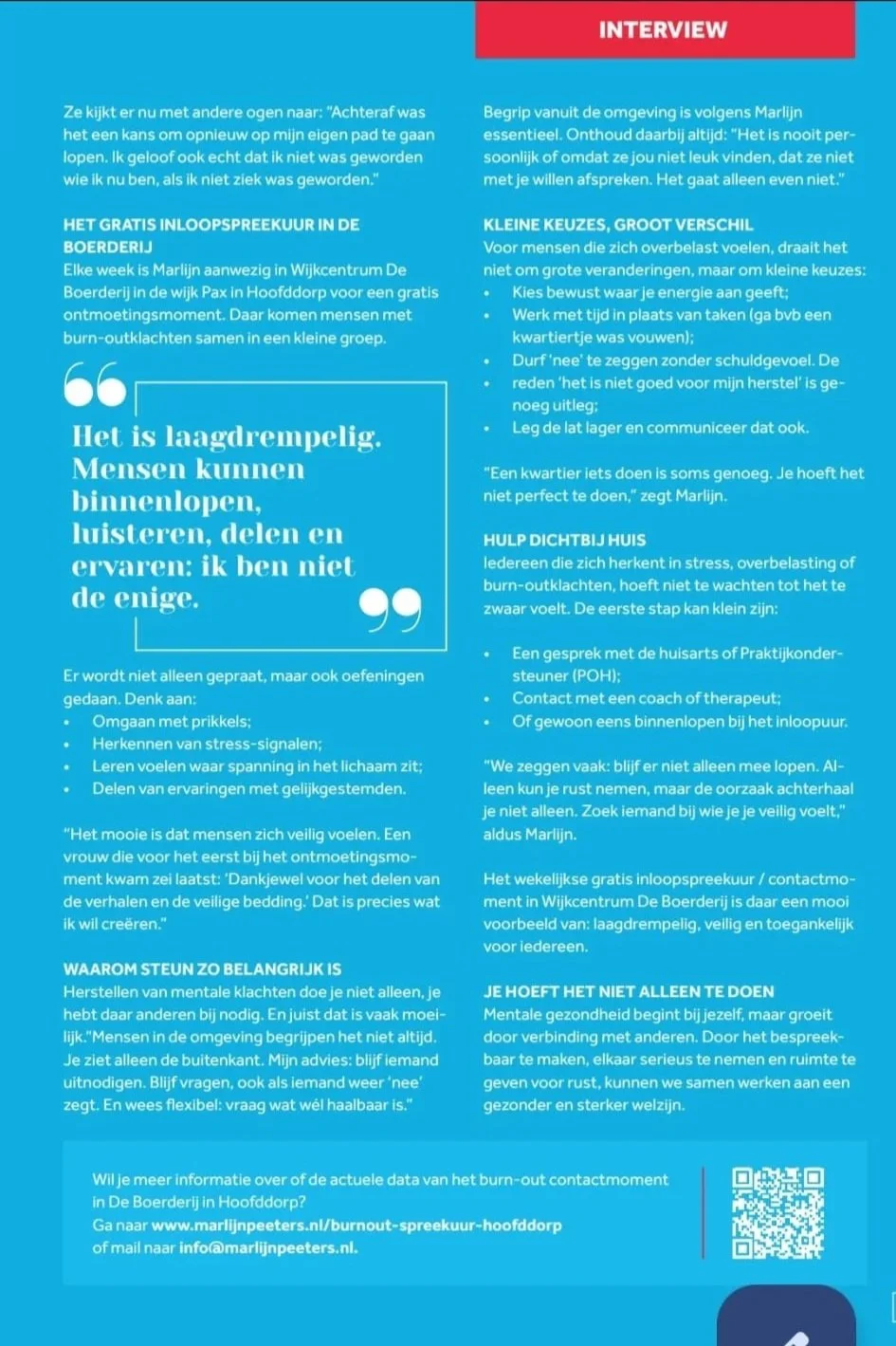 Vervolg van het artikel in de nieuwsbrief van Maatvast Haarlemmermeer over mentale gezondheid en het gratis burn-out spreekuur in Hoofddorp.