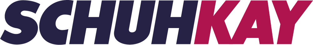 Logo mit den Worten "Schuh Kay" in dunklem Blau und Pink.