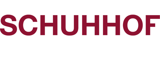 Der Schriftzug 'SCHUHHOFF' in dunkler rosa Farbe auf schwarzem Hintergrund.