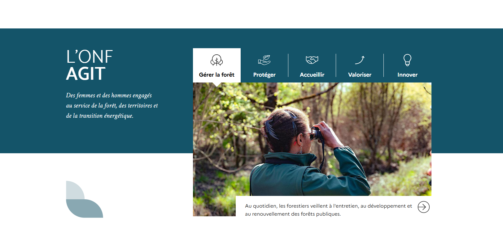 Page web de l'ONF AGIT avec une image d'une femme regardant dans des jumelles dans une forêt.»