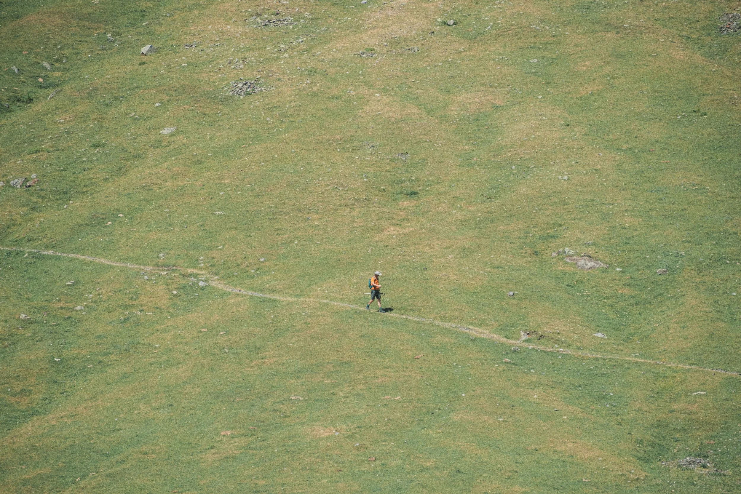 Une personne faisant de la randonnée dans un paysage vallonné verdoyant avec peu d'arbres.
