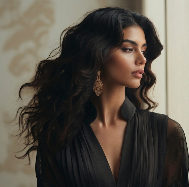 stylish woman with long, wavy brunette hair looking to the side