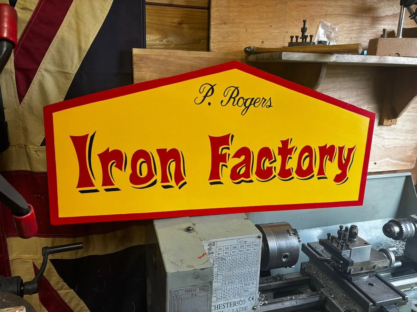 A replica of Paul Roger&rsquo;s machine shop sign for @nick_griffiths_tattoo which he started making and asked me to help out with. I the a better reference image to try and match it as best I could, particularly the script.
