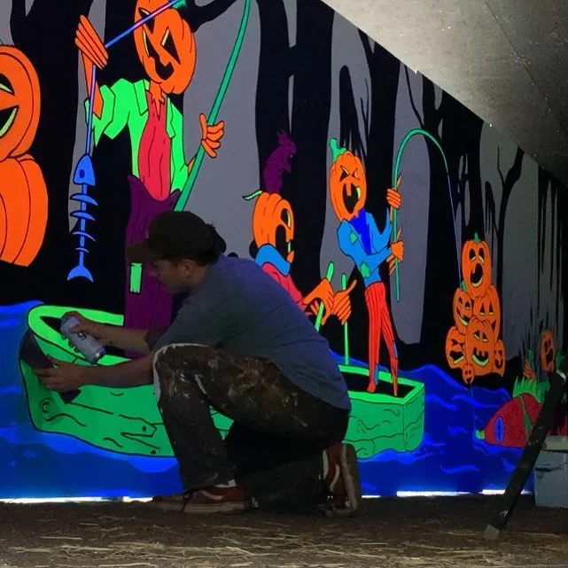 Working on the new addition to the Glow Trail, as they make their way down river! 

It wasn&rsquo;t completely dark while I was painting, but using flurecent spray paint under UV light in darkness is really satisfying and you can get some really cool