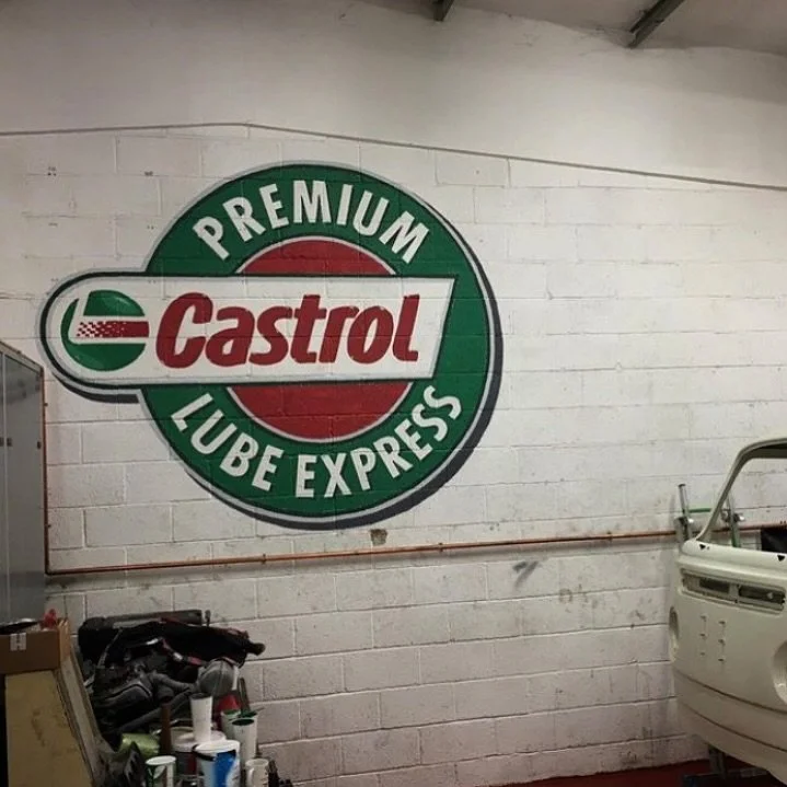 Got plain workshop walls? Adding some designs can completely change the atmosphere of your work space. I&rsquo;d love to paint more like this Castrol logo, if you&rsquo;re interested, drop me a message!