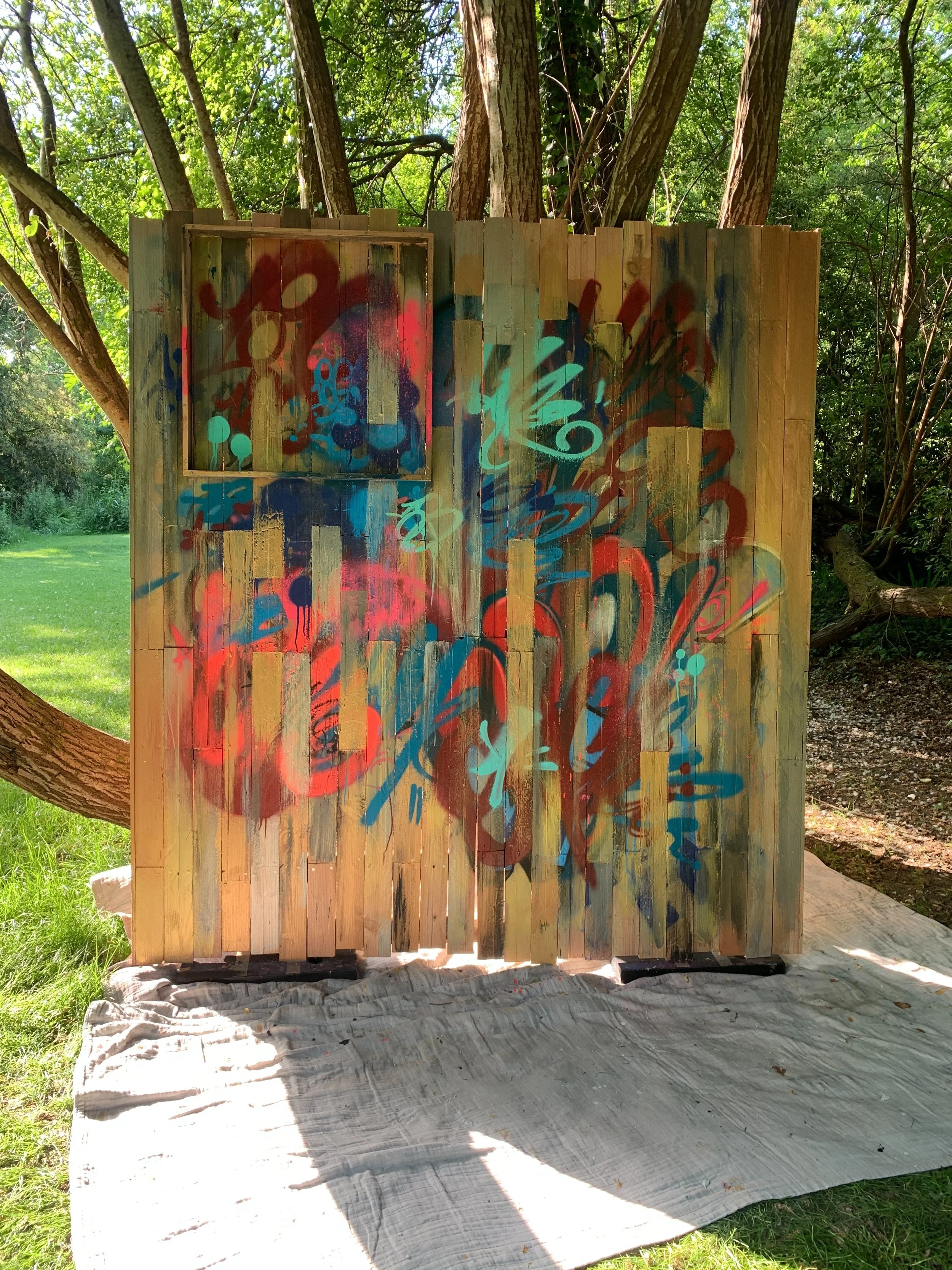 Amy and Simon got in touch and asked if I could create some graffiti-style artwork for the dartboard backing boards they&rsquo;d made from reclaimed timber. They wanted the design to be a nod to the start of the project, when the building had been ab