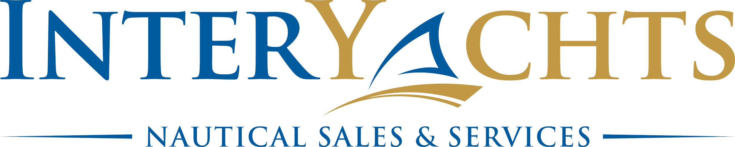Logo for Interyachts, a company specializing in nautical sales and services, featuring stylized blue and gold text and a graphic of a boat sail.