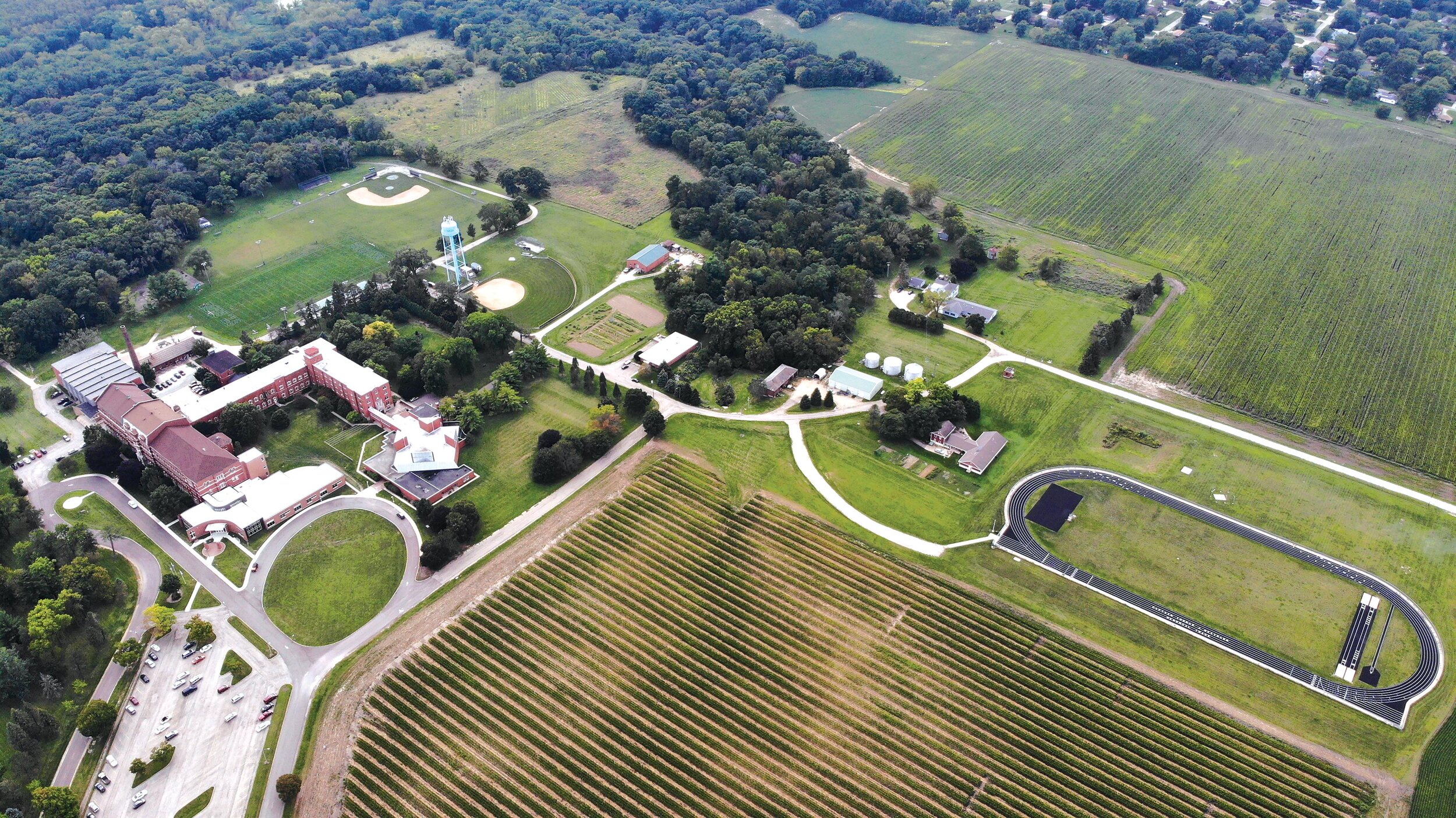 An aerial photo of St. Bede Abbey and Academy