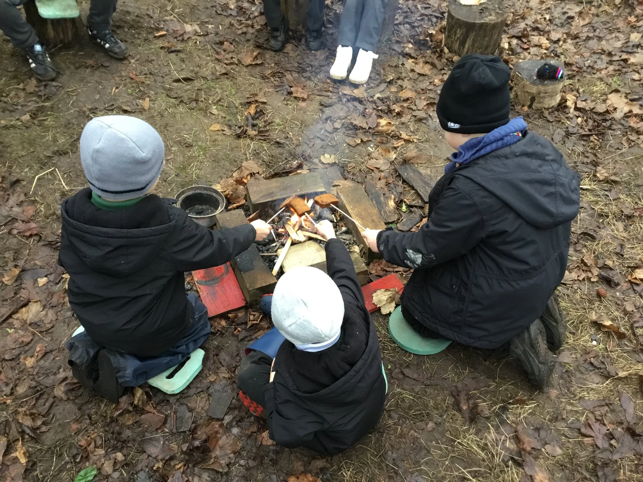children toasting over campfire
