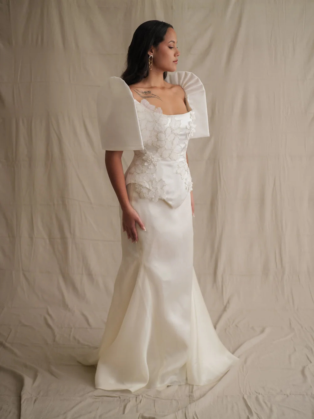 Perlah Skirt in White Silk Satin Organza  La Union Filipiniana