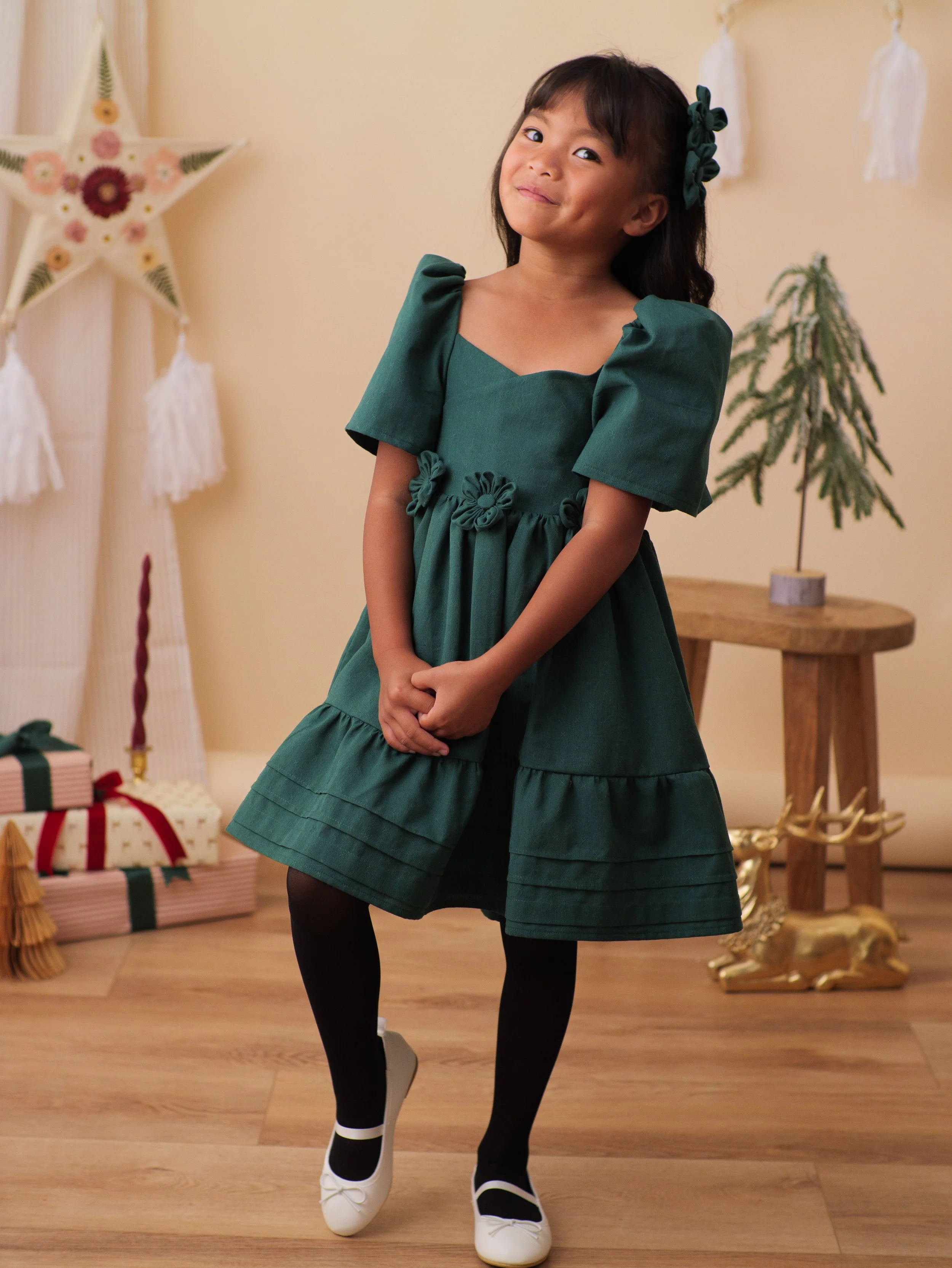 Emi Dress with Floral Appliqué in Pine