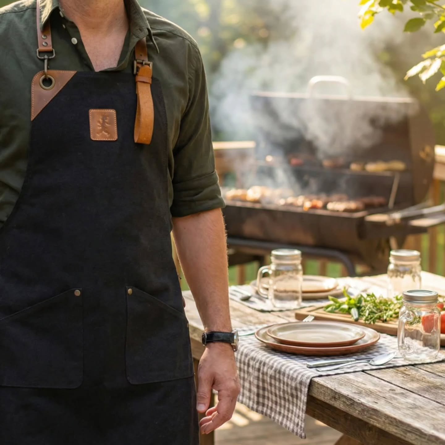 Snart &auml;r vi tillbaka vid grillen igen🖤🌱
Robust canvasf&ouml;rkl&auml;de med snygga l&auml;derdetaljer.

Slitstarkt, bekv&auml;mt och lika praktiskt som det &auml;r snyggt. Smarta fickor f&ouml;r redskap och justerbara remmar f&ouml;r perfekt p