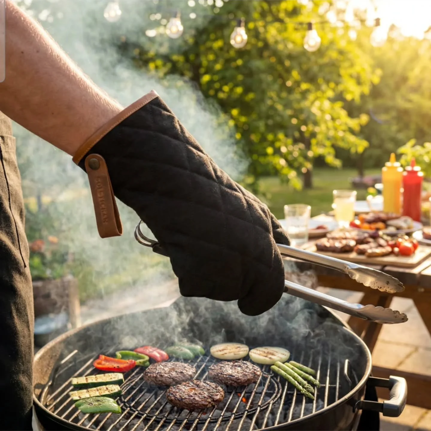 Grillvante i t&aring;lig canvas och &auml;kta l&auml;der.
Skyddar dina h&auml;nder mot h&ouml;g v&auml;rme samtidigt som den ger ett stadigt grepp vid grillen. En perfekt kombination av funktion och design🖤