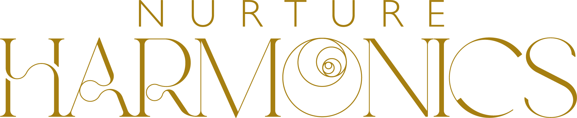 Stylized logo with the words "NURTURE SHARMONICS" in gold text, with "SHARMONICS" featuring a spiral design within the letter "O."