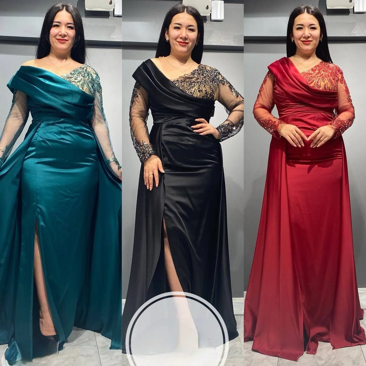 A-line Off the Shoulder Sweep Satin Prom Dresses With Sequins