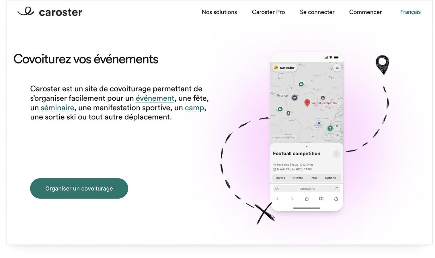 Page d’accueil de Caroster présentant une interface mobile.