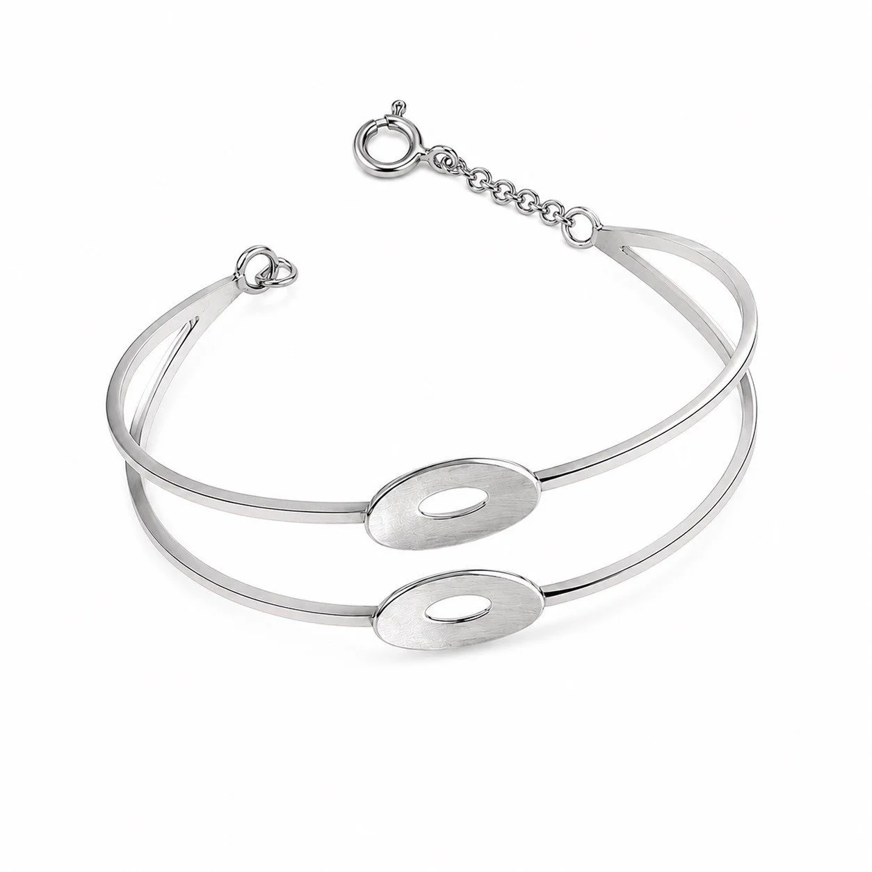 Sterling silver double-band bangle with two offset oval motifs, central cut-outs and a chain clasp