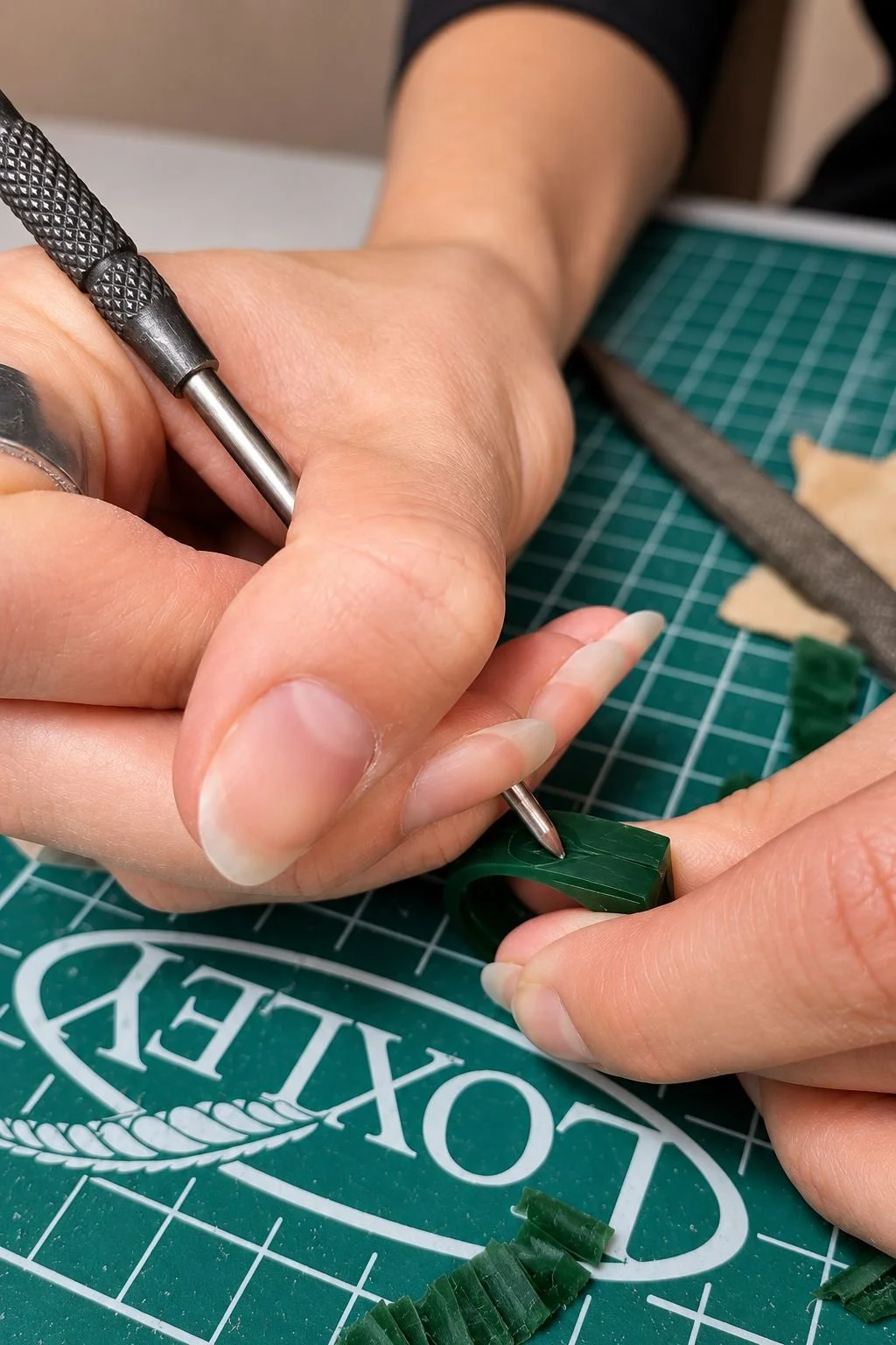 Hands carving decorative details into a green wax ring model.