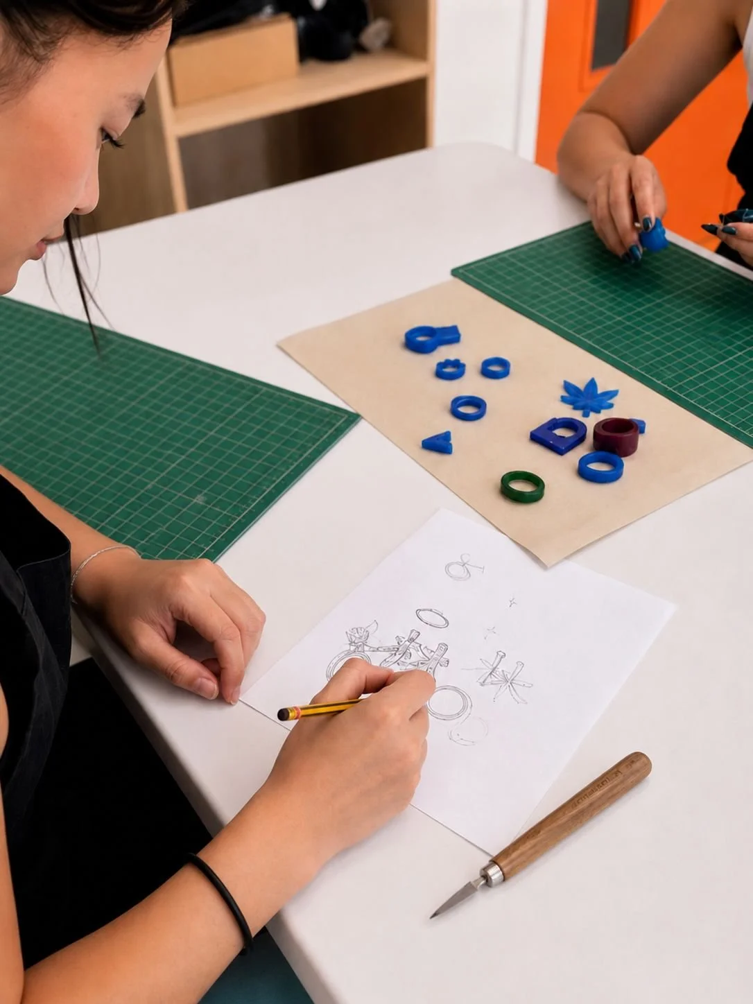 Student sketching ring ideas during a wax carving workshop.