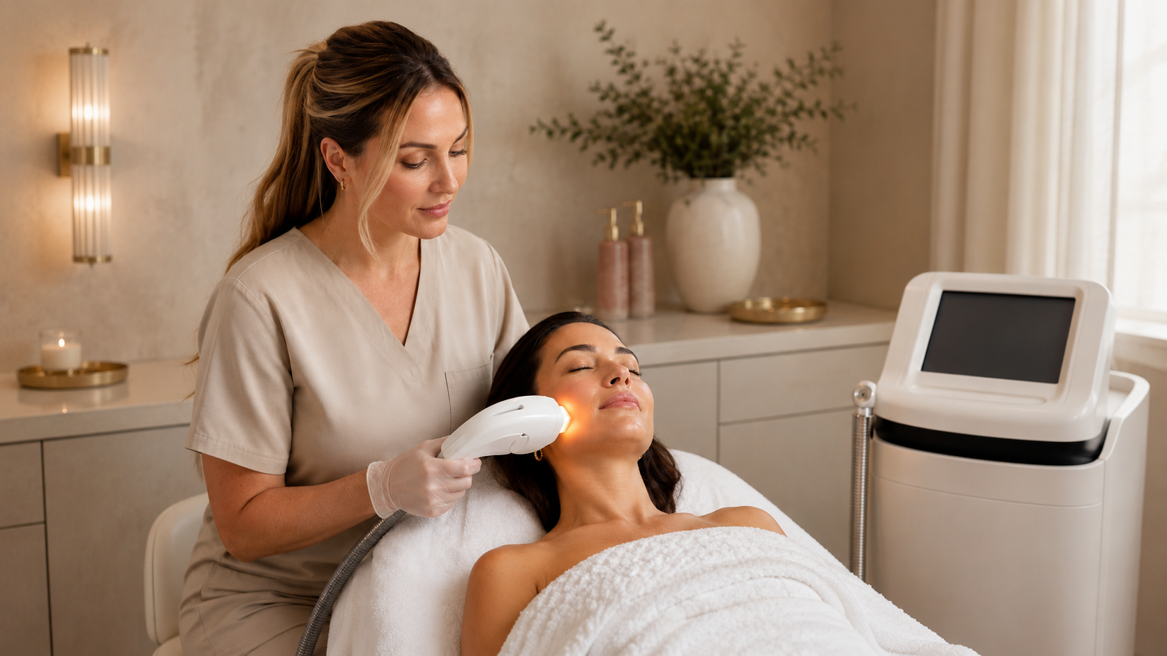 Licensed skincare professional performing IPL therapy on a relaxed woman’s cheek in an upscale med spa treatment room.