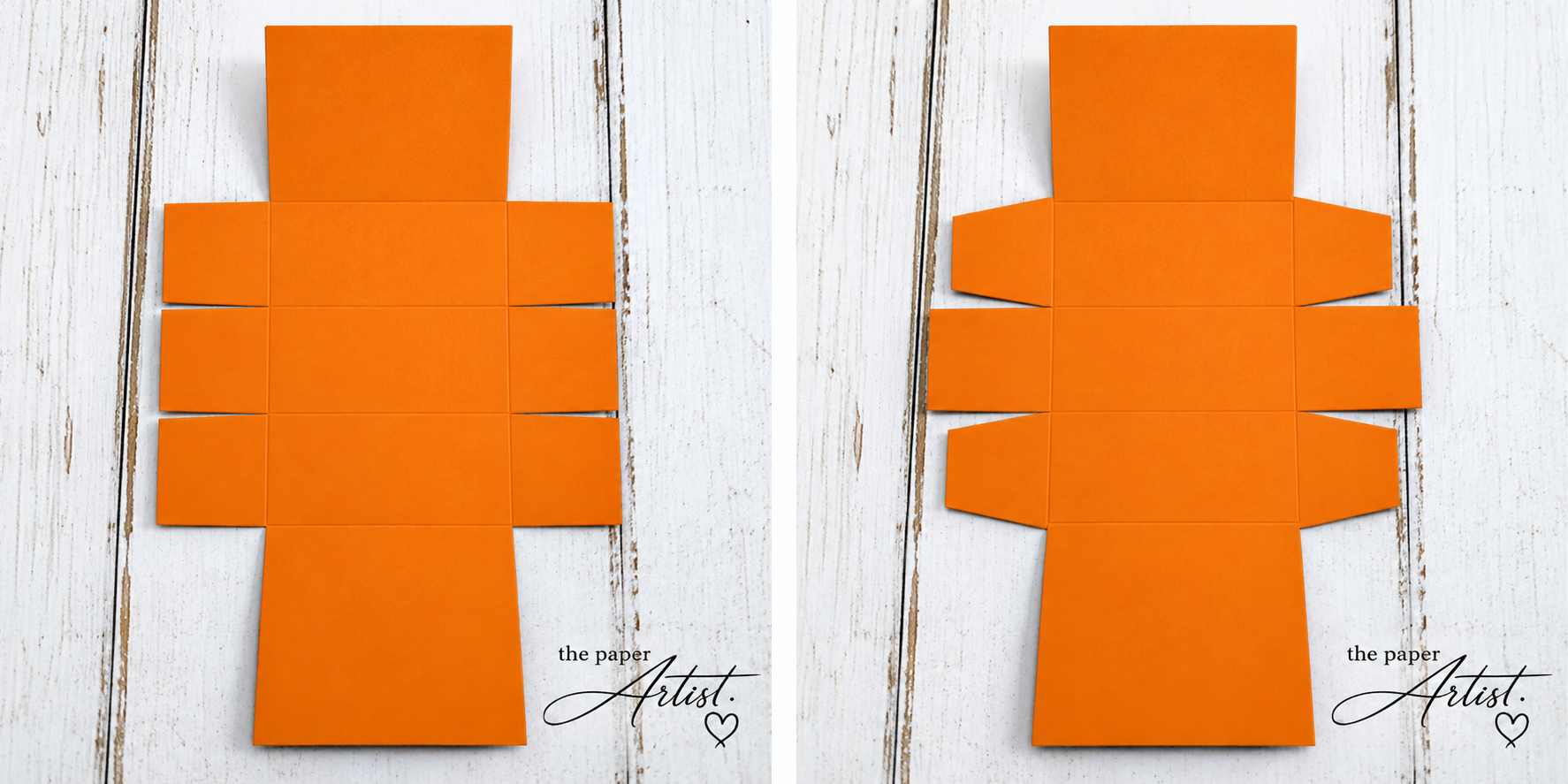 Side-by-side photographs showing orange cardstock treat box templates before and after trimming the assembly tabs.