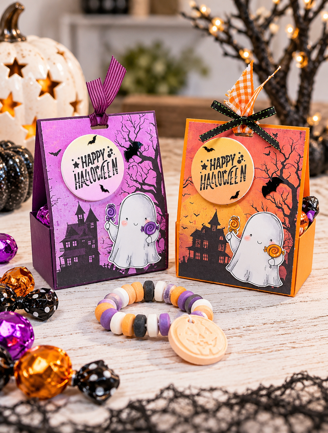 Handmade Halloween treat boxes displayed with candy bracelets as a fun trick-or-treat gift idea.