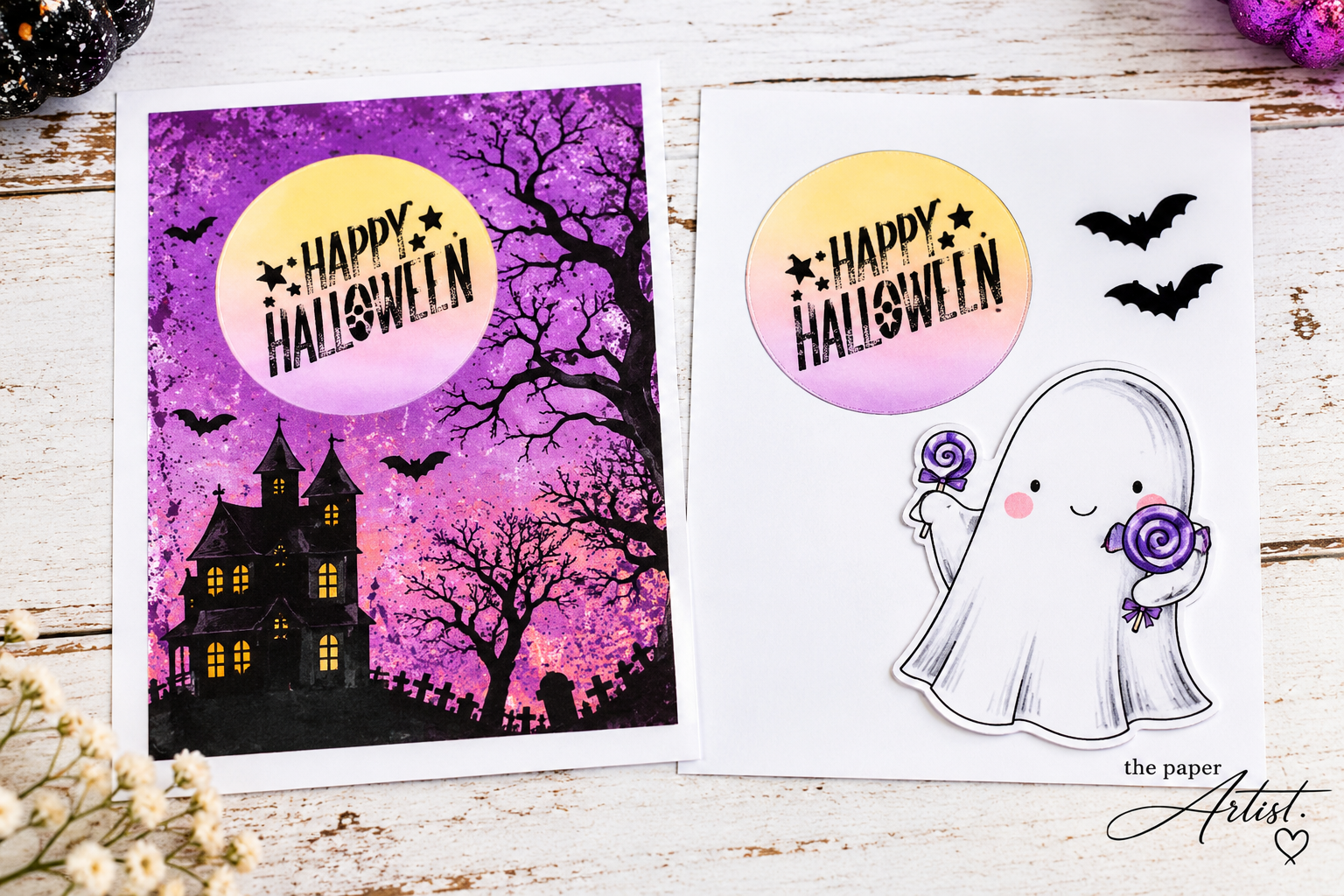 Two coordinated Halloween printables showing a spooky background scene and separate ghost and moon embellishments for dimensional paper crafting.