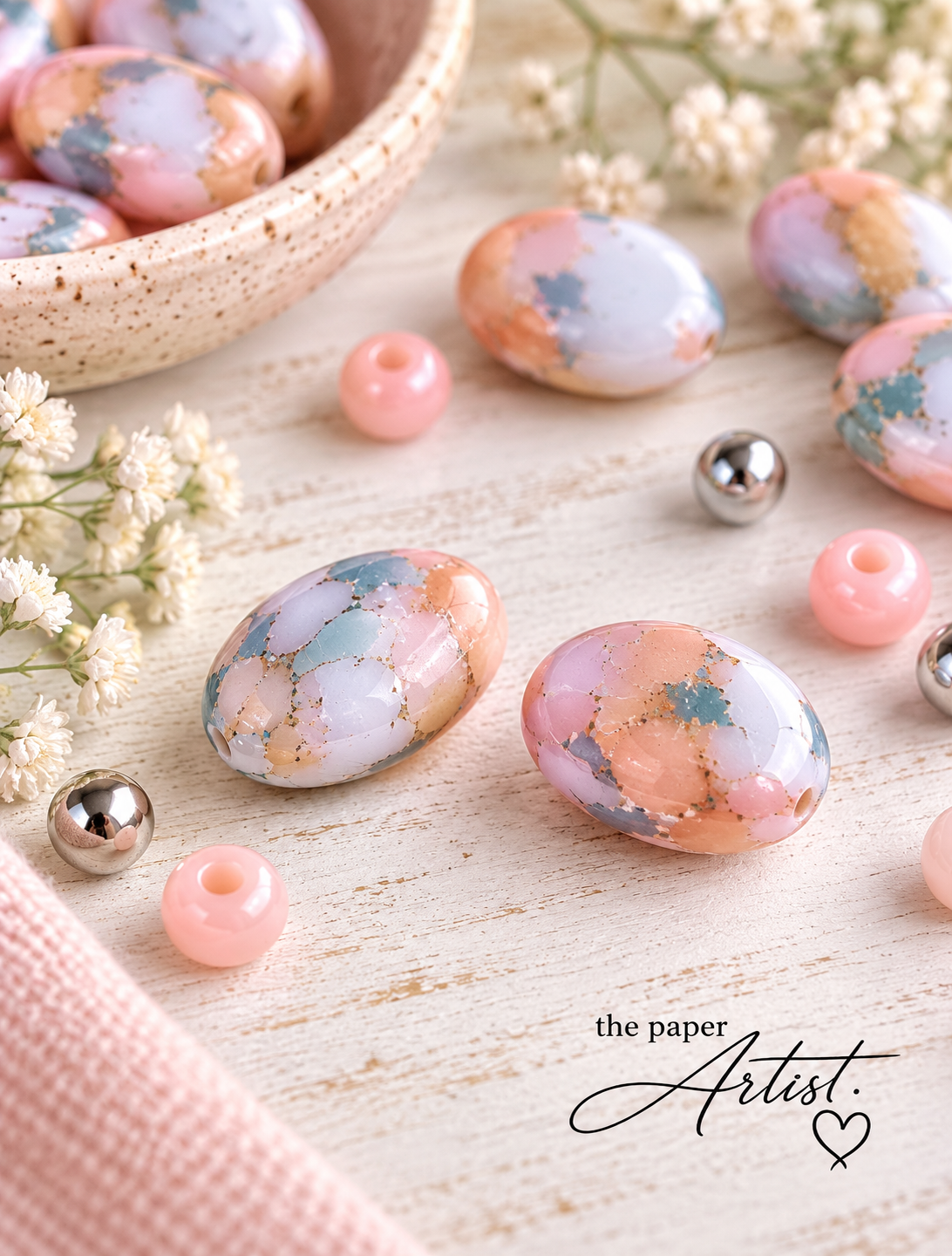 Blue and peach marbled beads.